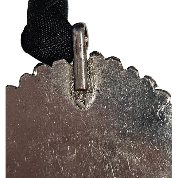 Vintage Huge Round Amber in Silver Tone Metal Pendant on Black Ribbon Necklace - Picture 4 of 7